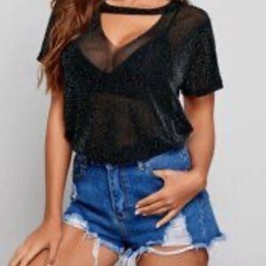 Black Sheer Glitter See Through Sparkle Women's Top with keyhole Detail Large